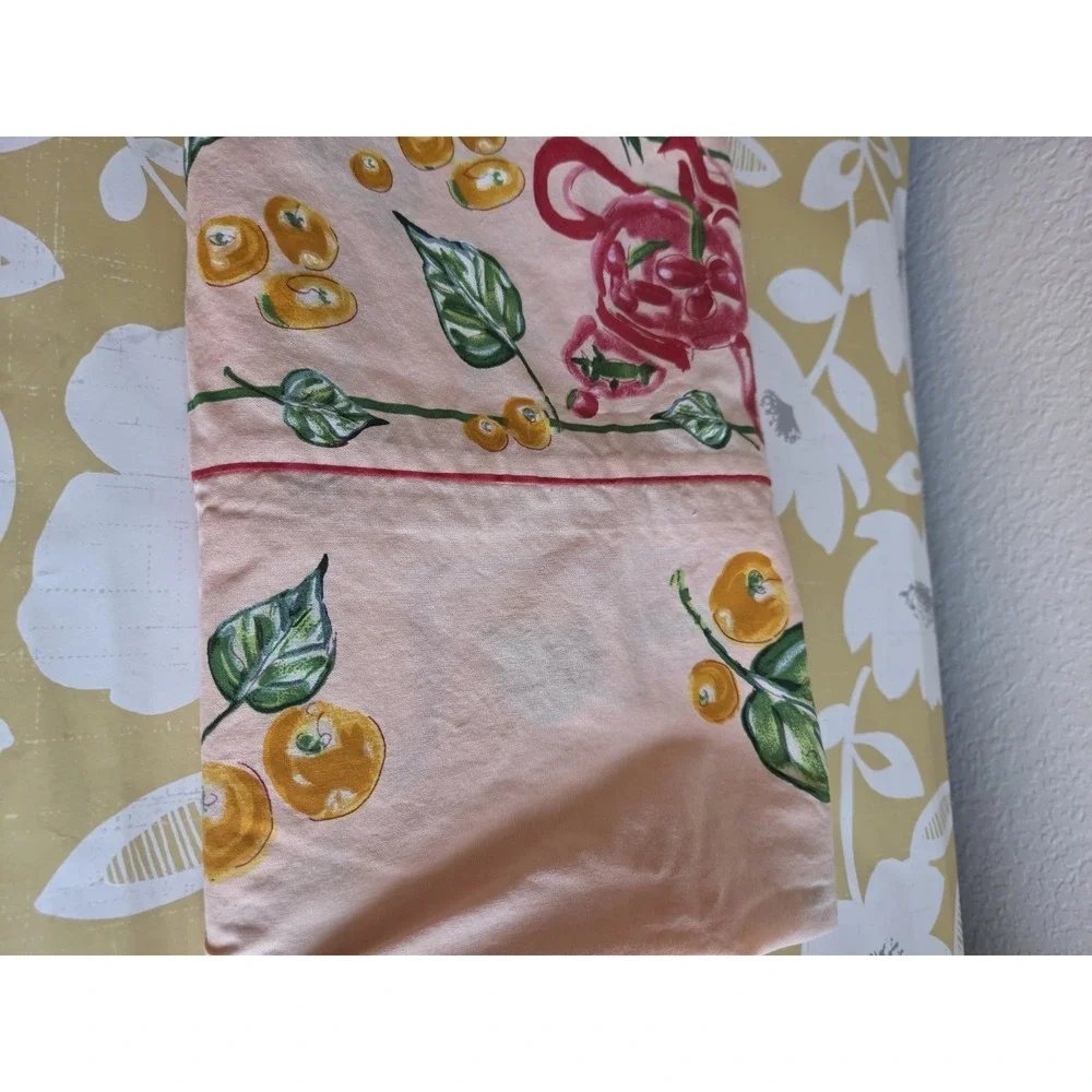 April Cornell Tablecloth 52x52 Square Peach Teapot Floral Border Unique